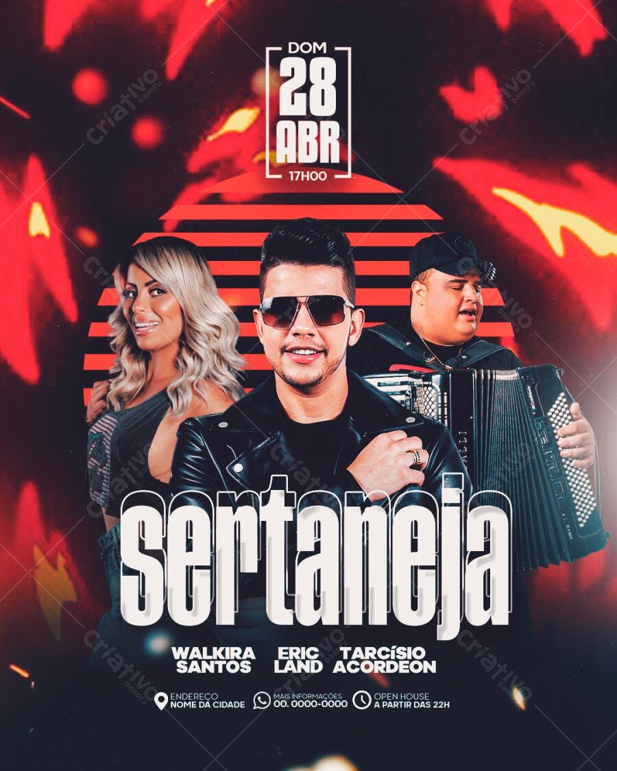 Flyer Sertaneja com Walkira Santos, Eric Land e Tarcísio Acordeon PSD Editável