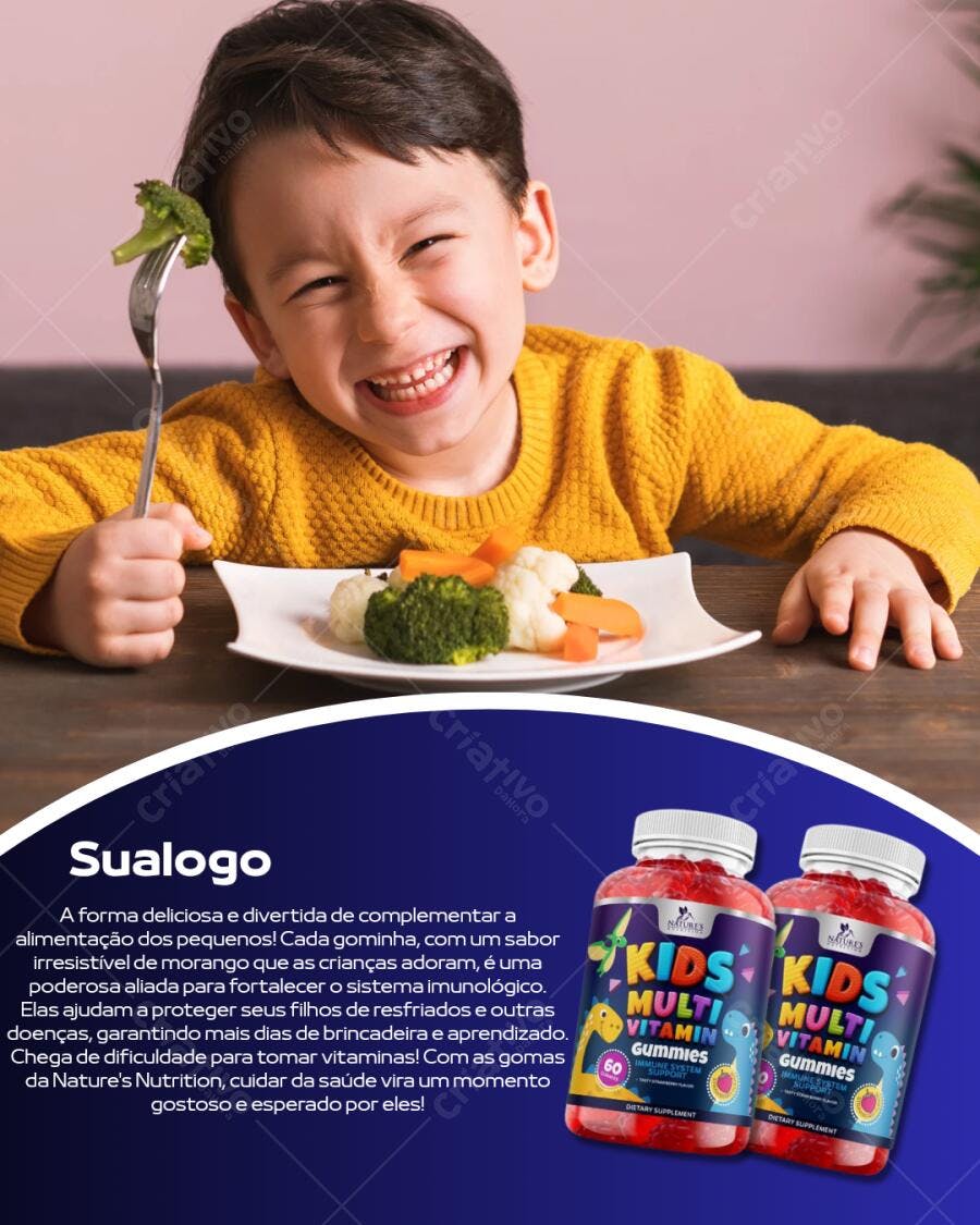 Post Instagram Infantil com Gomas de Vitaminas Editável no Canva