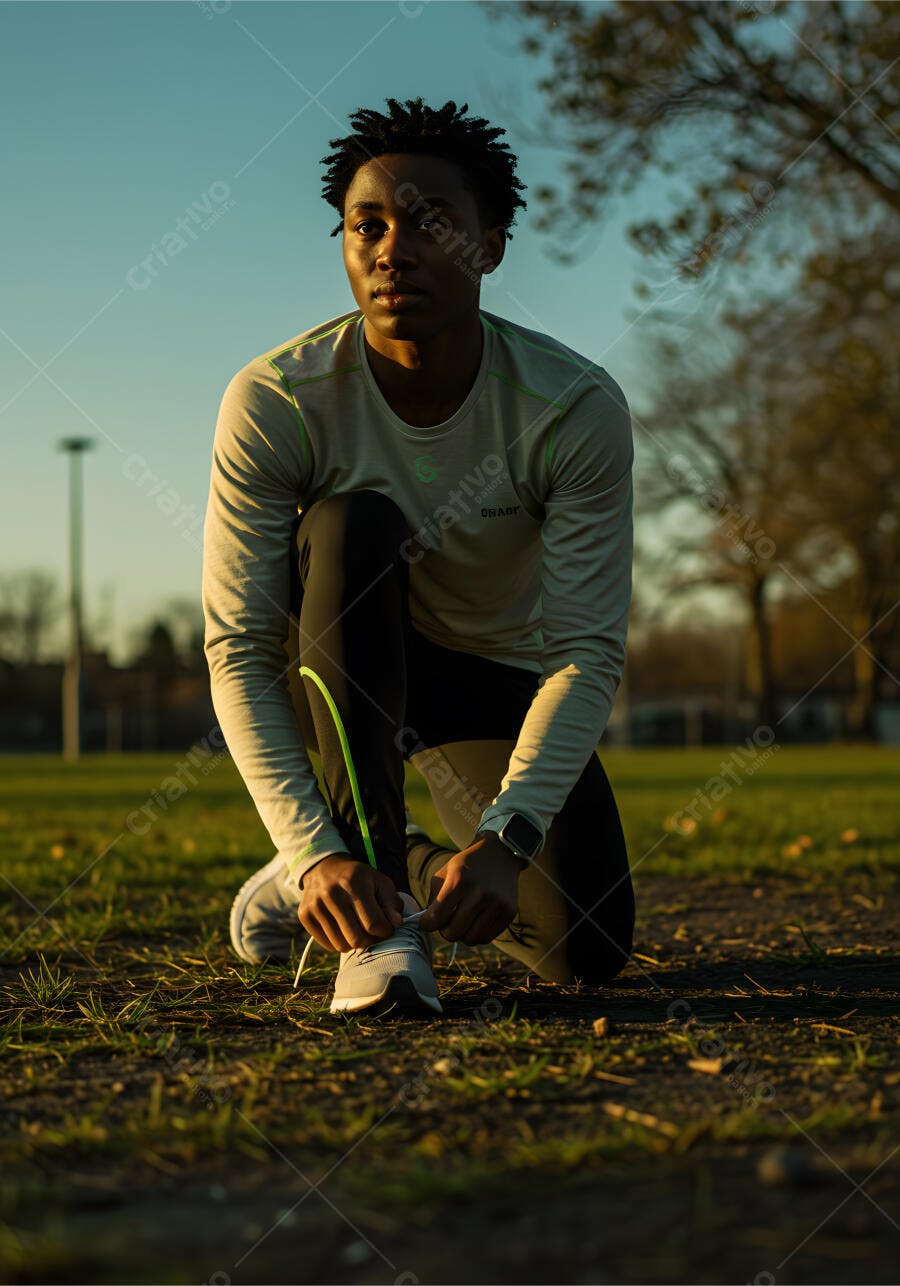 Atleta Afro-americano amarrando tênis ao entardecer