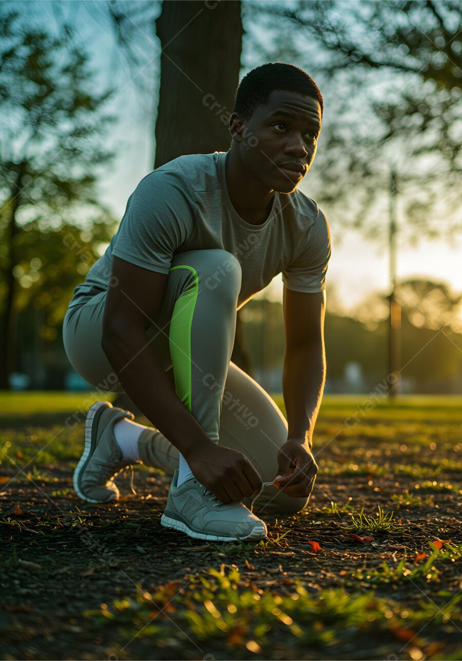 Atleta negro amarrando tênis no parque ao entardecer