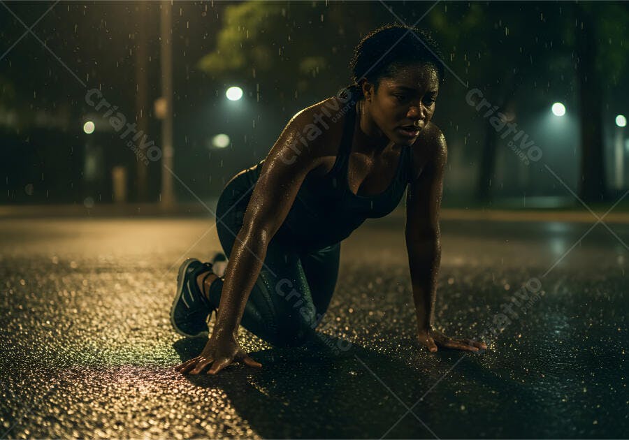 Atleta negra suada em treino noturno na chuva