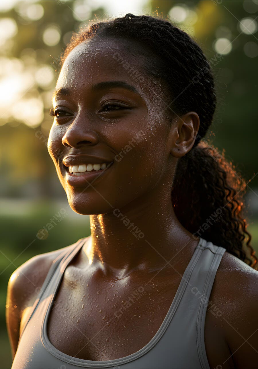 Mulher negra suada sorrindo após treino