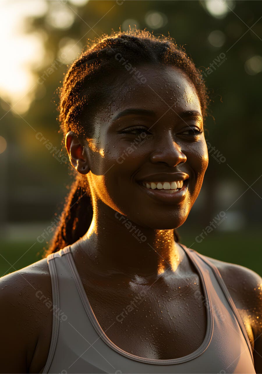 Mulher negra suada sorrindo ao entardecer