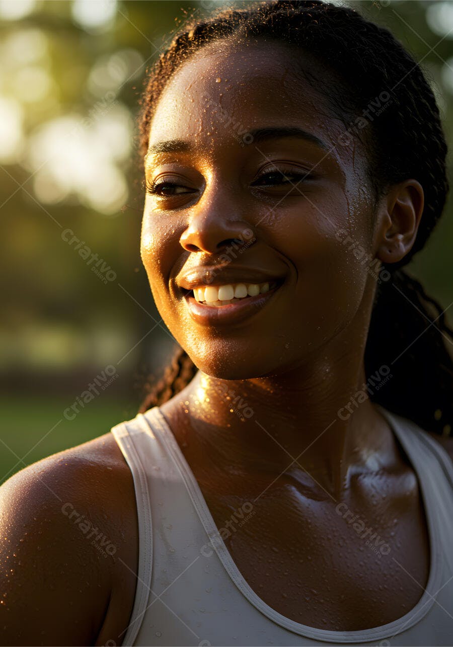 Mulher negra suada sorrindo após treino