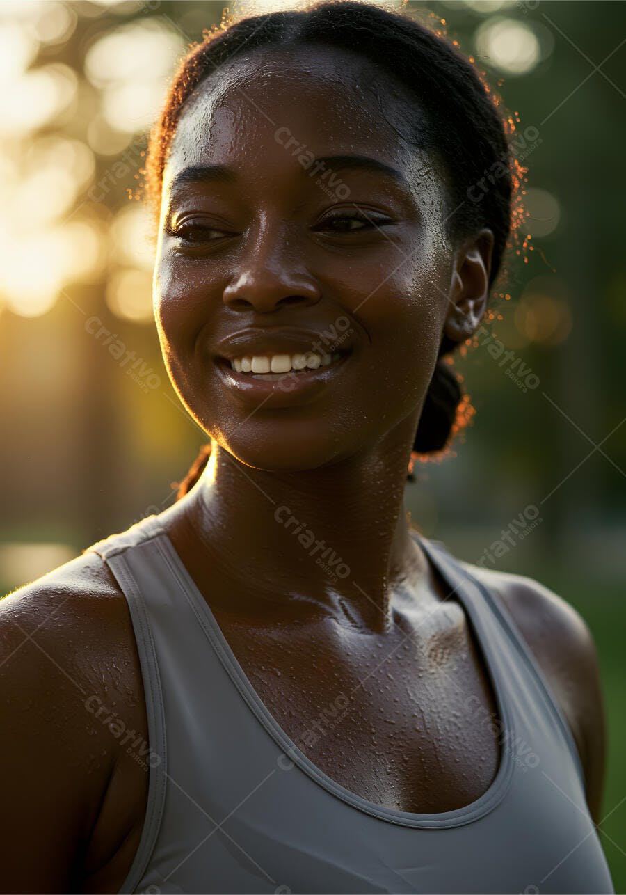 Mulher negra suada sorrindo ao pôr do sol