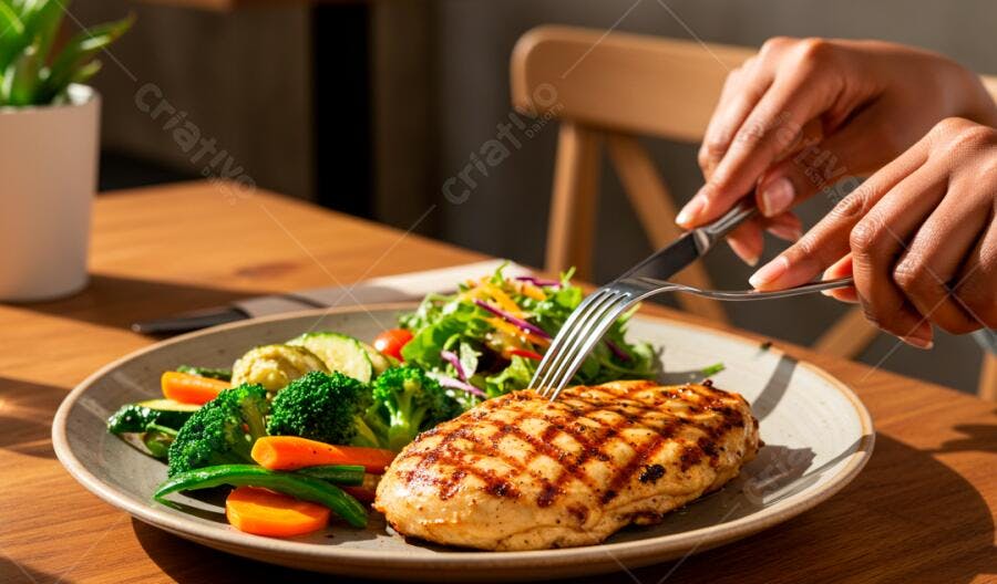 Peito de frango grelhado com legumes almoço saudável