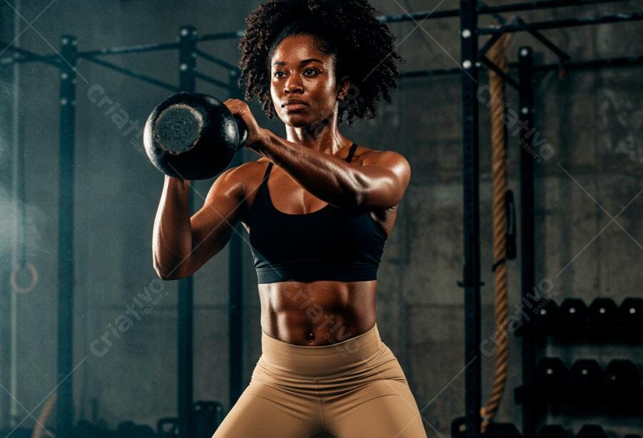 Mulher Afro-americana forte levanta kettlebell na academia