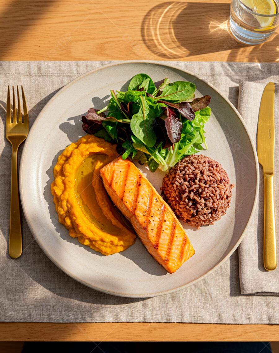 Salmão grelhado com purê de abóbora e arroz integral