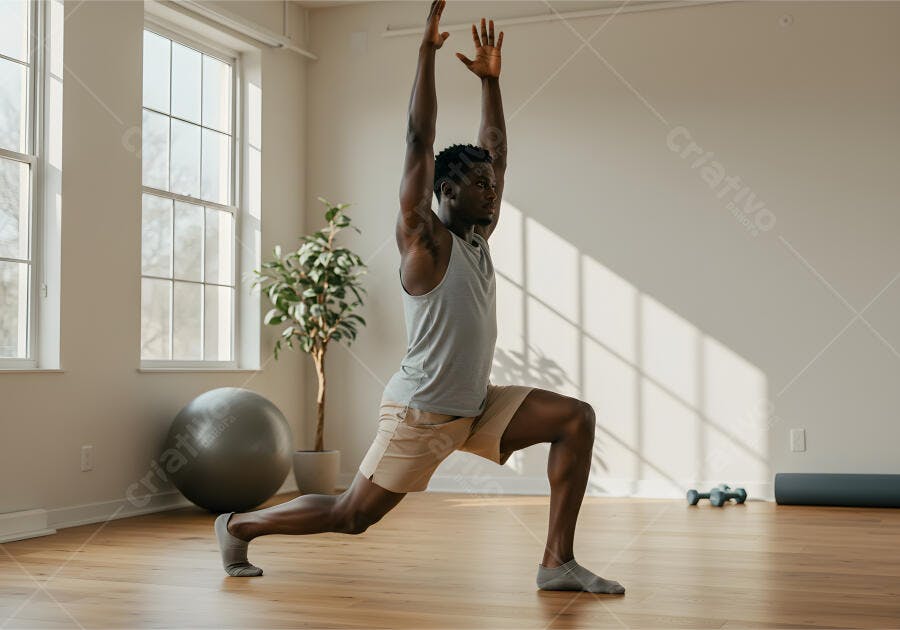 Homem praticando yoga em estúdio iluminado