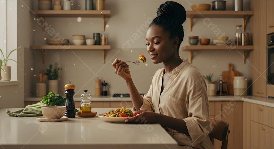 Mulher negra saboreando salada colorida na cozinha