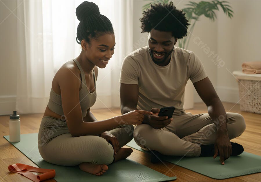 Casal negro fitness usando celular em casa