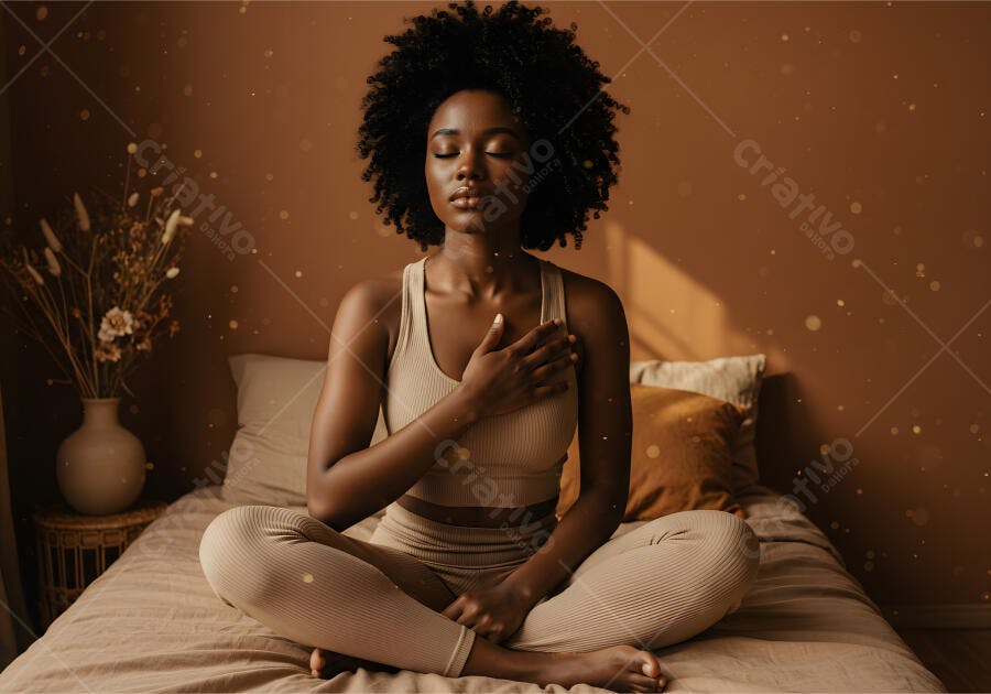 Mulher negra meditando em quarto aconchegante