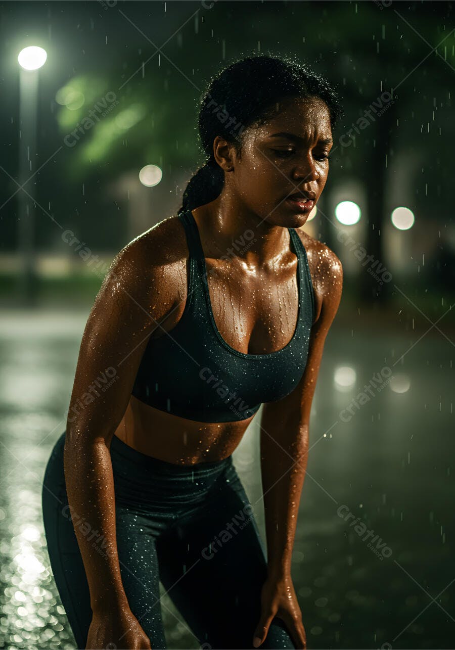 Mulher negra suada após treino na chuva