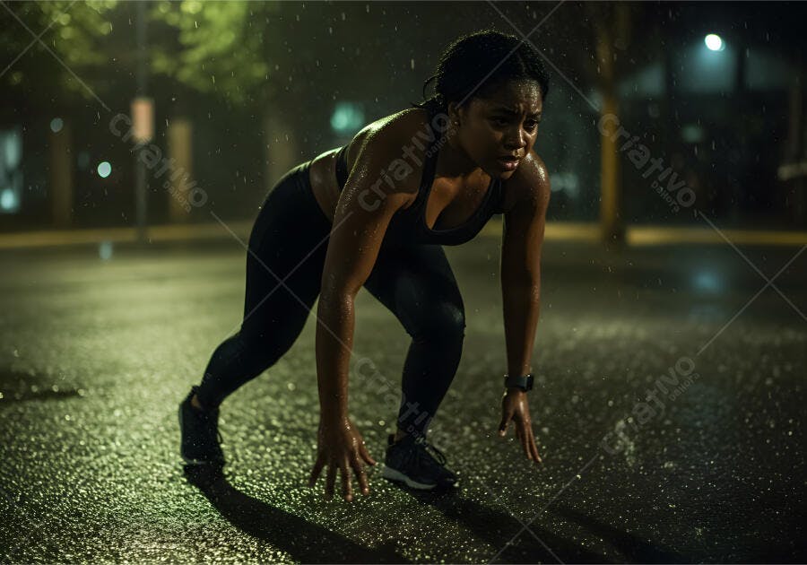 Atleta negra na chuva noite