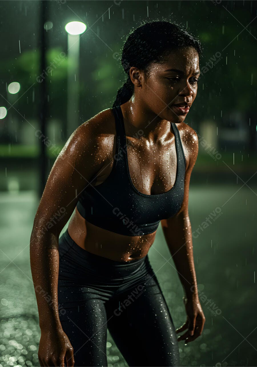 Atleta mulher suada chuva noite