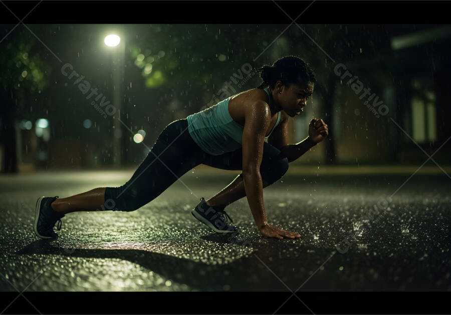Mulher atleta se alongando na chuva à noite