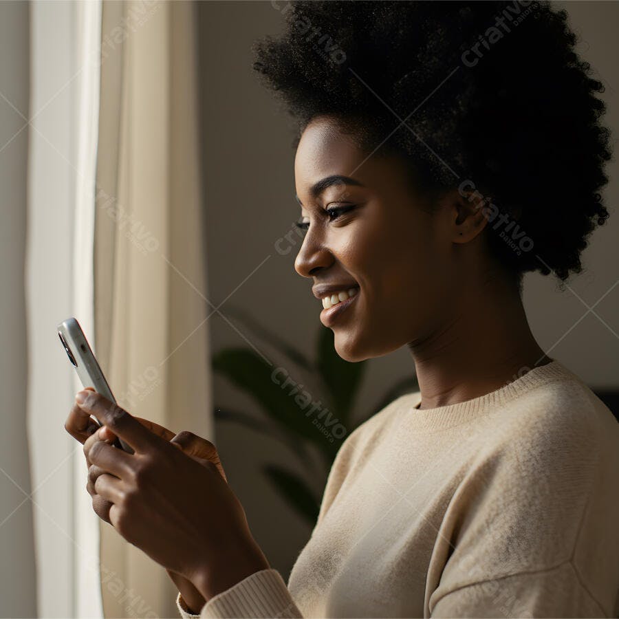 Mulher negra sorrindo usa celular perto janela
