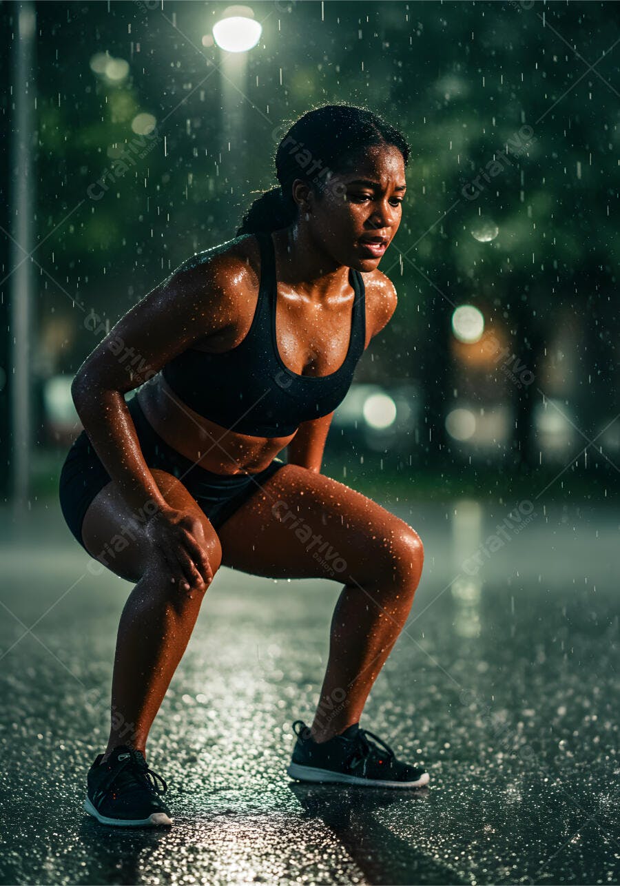Mulher atleta na chuva noite