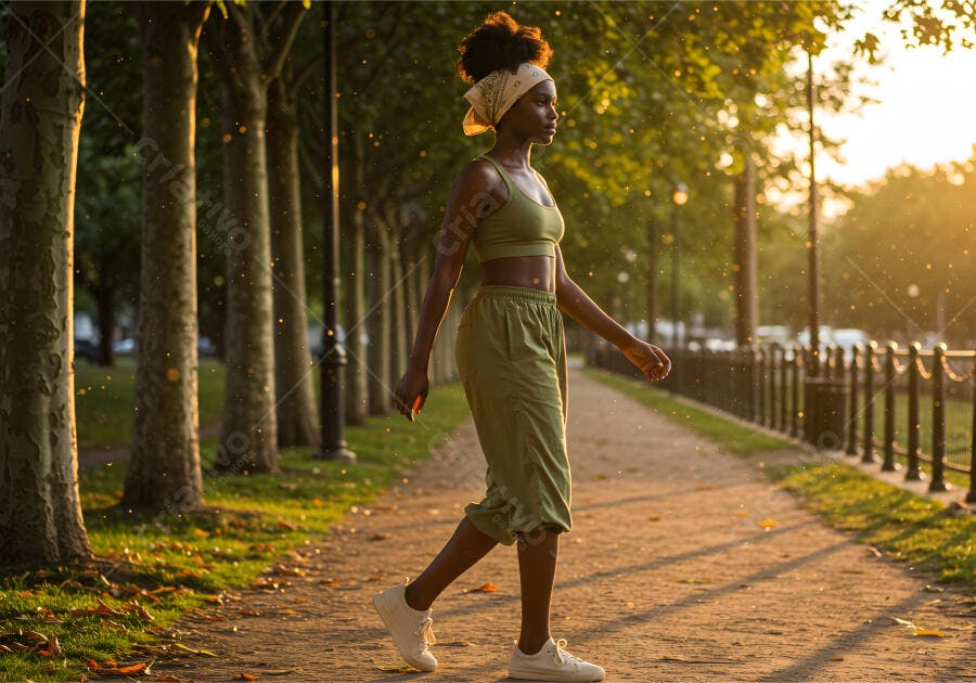 Mulher negra caminhando no parque ao entardecer