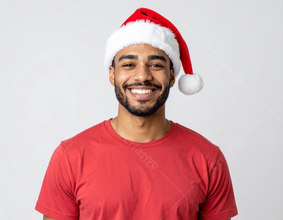Homem negro sorridente usando chapéu de Papai Noel