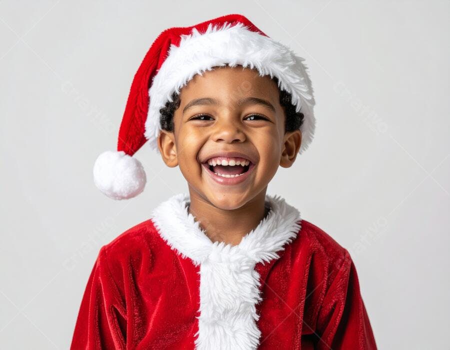 Criança negra vestindo roupa de Papai Noel sorrindo