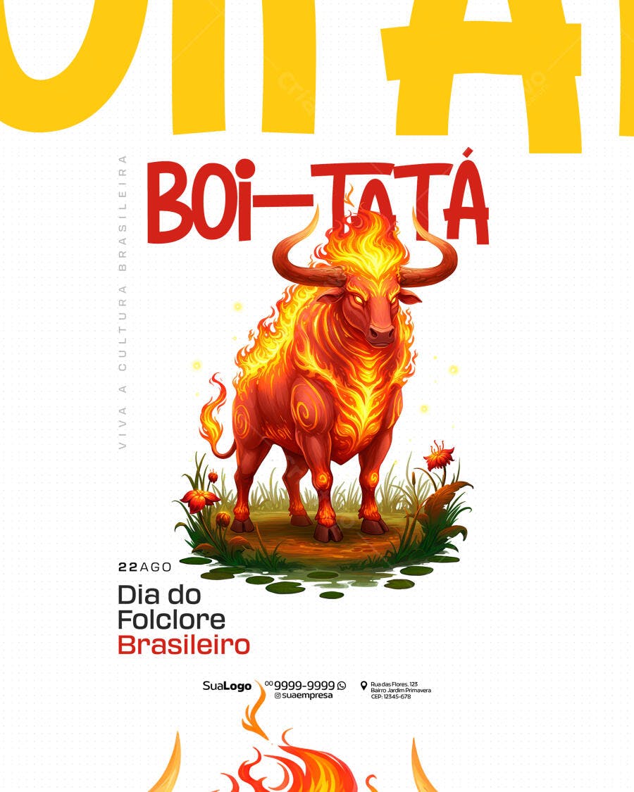 Flyer Dia do Folclore Brasileiro com Boi-Tatá PSD Editável