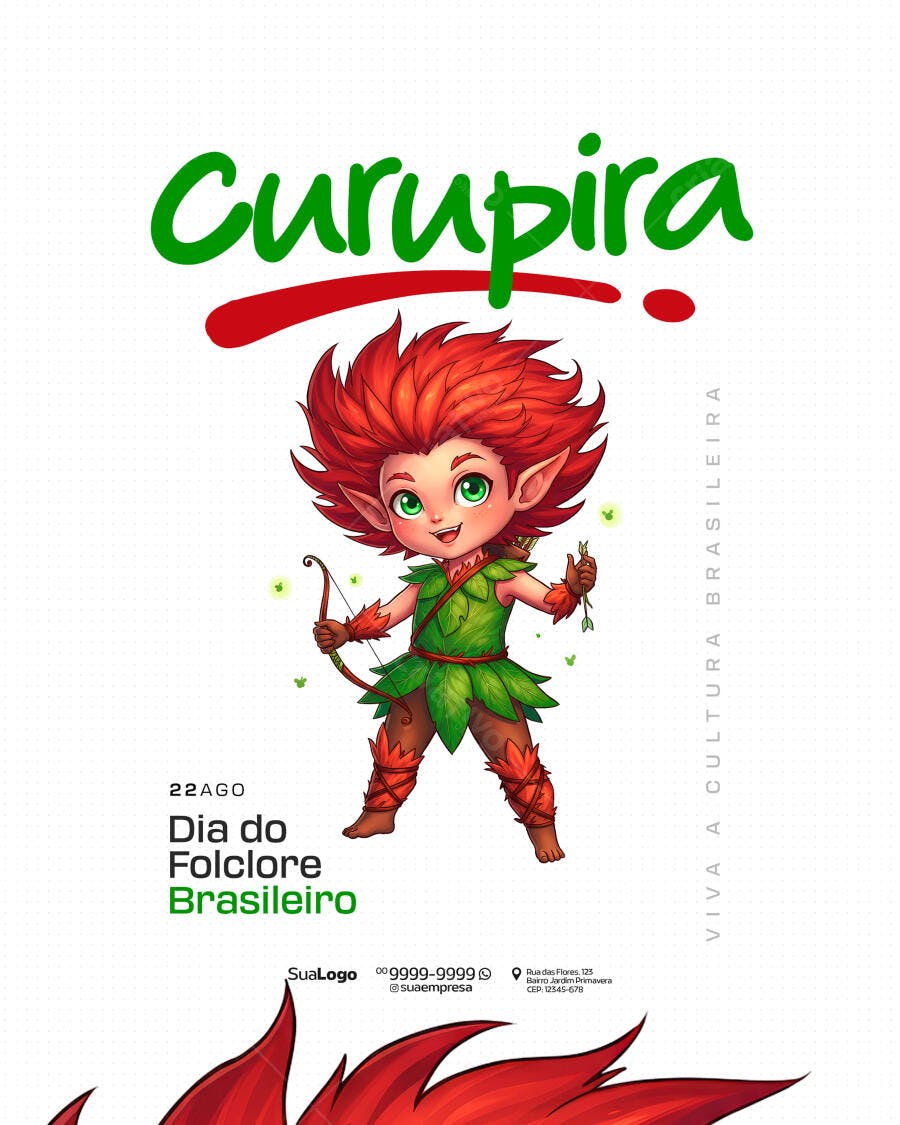 Flyer Dia do Folclore Brasileiro Curupira PSD Editável