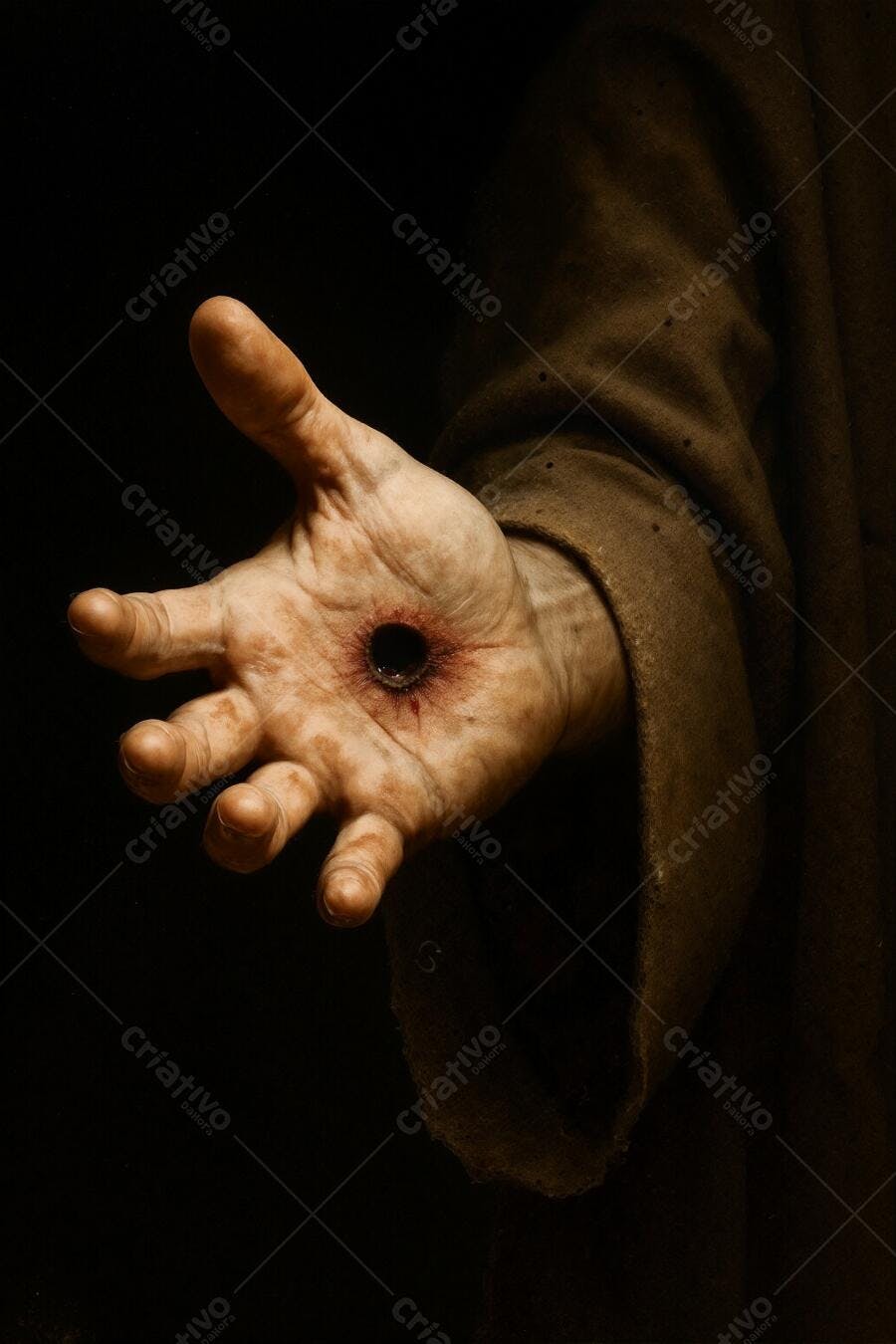 Mão com ferida sangrando fundo escuro