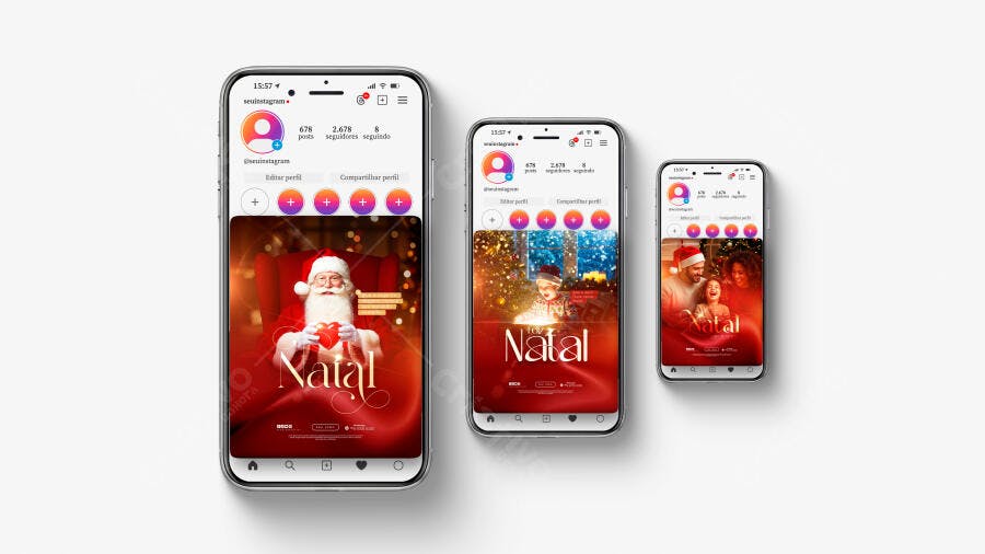 Mockup de Celular com Posts de Natal: Tema Vermelho e Dourado