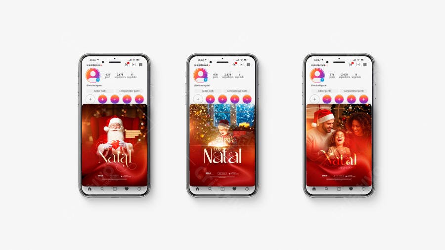 Mockup Instagram Natal: Família, Papai Noel e Criança - Vermelho e Dourado