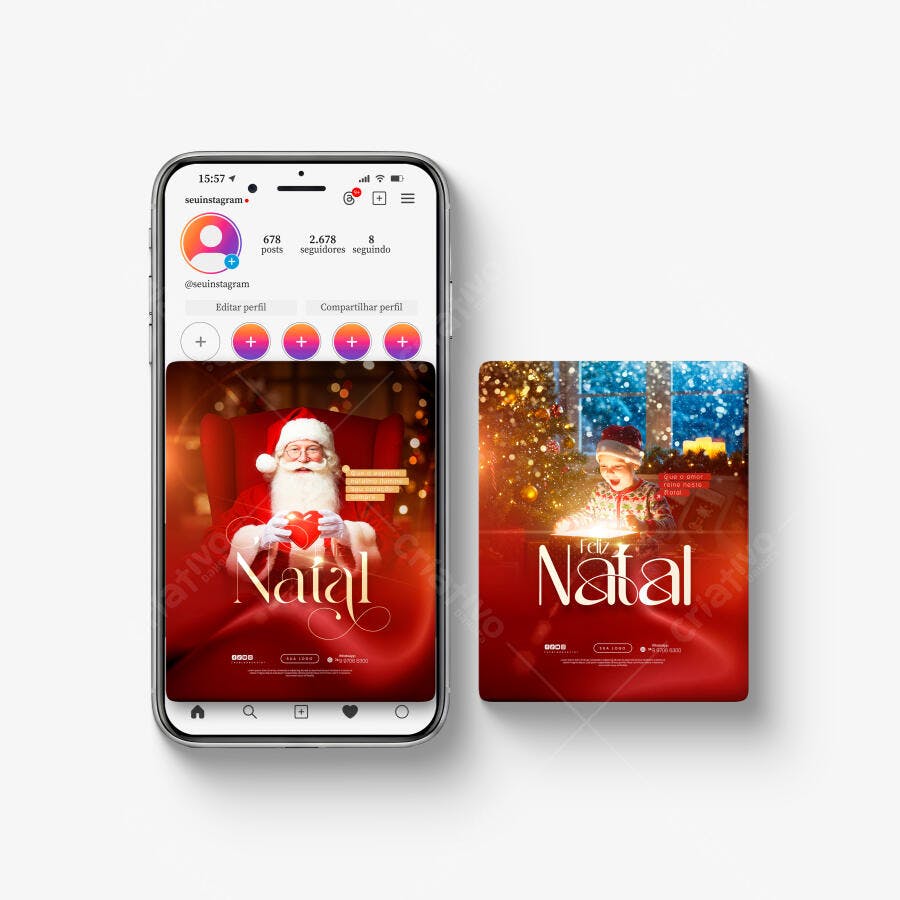 Mockup de Post e Story Instagram Natalino: Papai Noel e Criança
