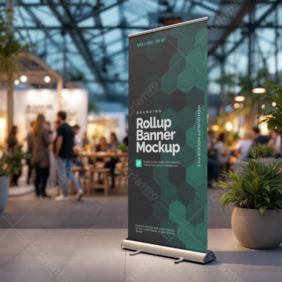 Mockup Realista de Banner Rollup em Ambiente Moderno