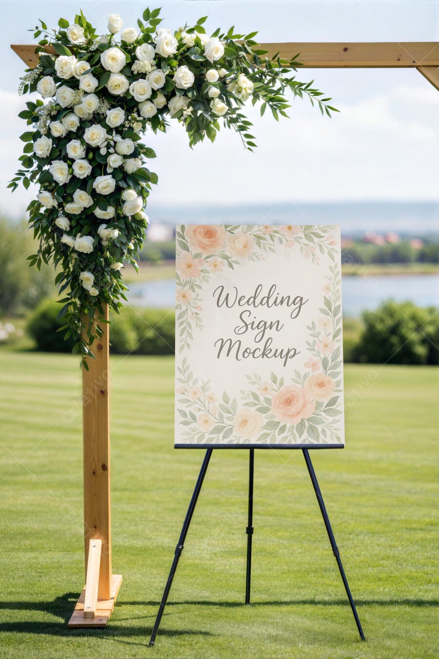 Mockup Placa Casamento: Flores Rosa e Brancas em Jardim