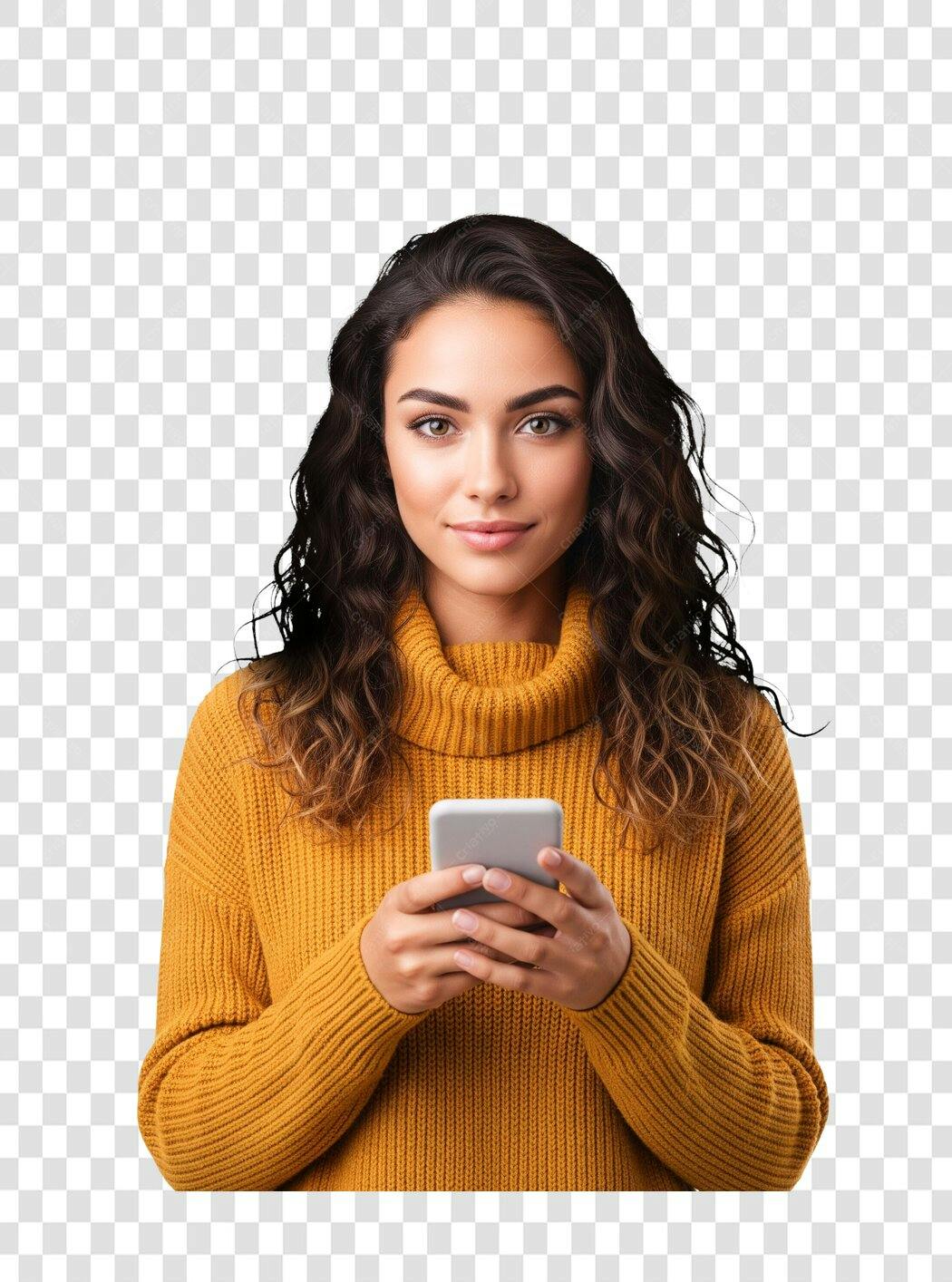 Imagem PNG mulher com celular fundo transparente