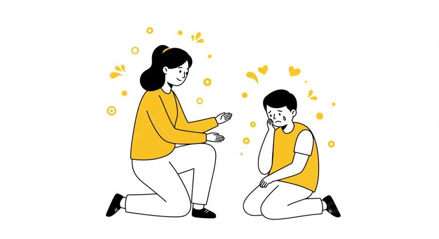 Mulher consolando menino triste desenho amarelo