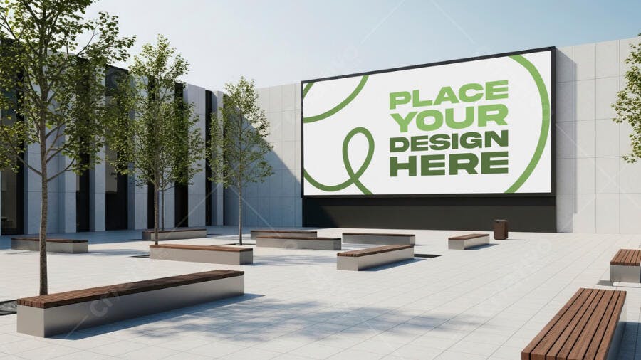 Mockup de Outdoor Moderno com Bancos e Árvores