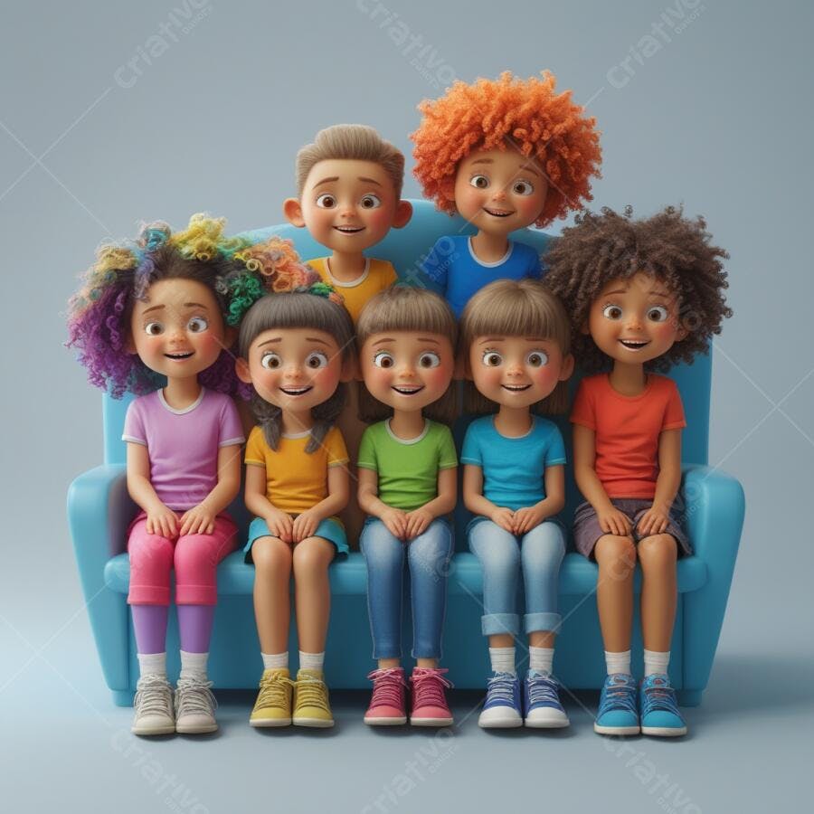 Crianças sorrindo num sofá azul