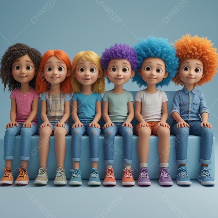Crianças sorrindo em sofá azul