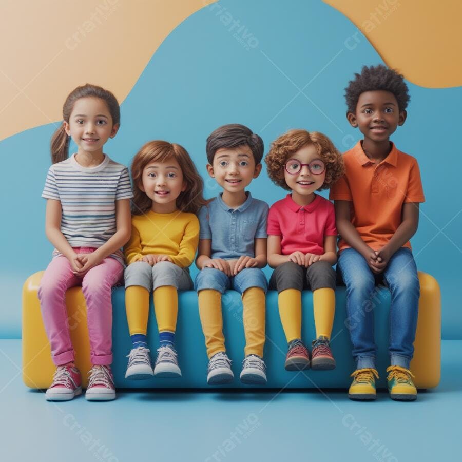 Crianças sorrindo juntas em banco azul