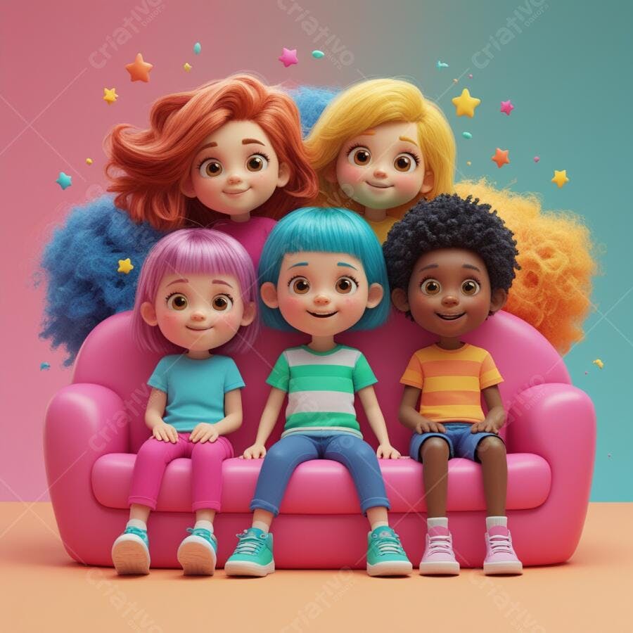 Crianças sorrindo em sofá rosa