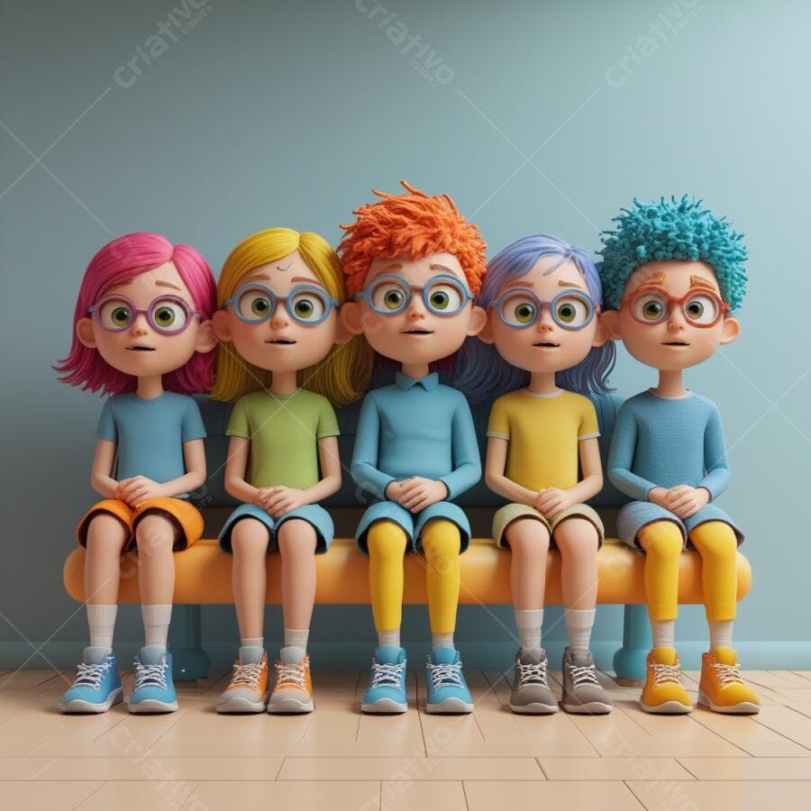Crianças animadas sentadas em banco amarelo