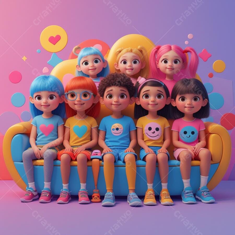 Crianças sorrindo em sofá amarelo