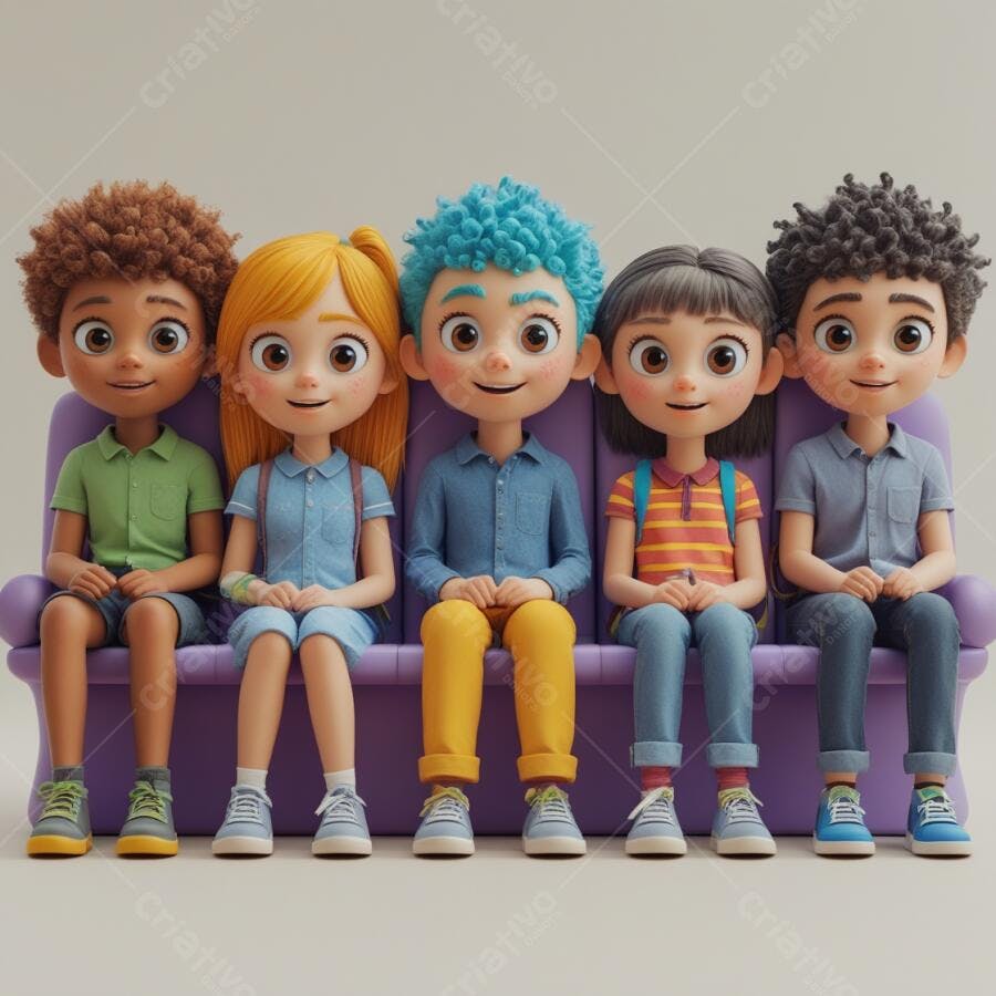 Crianças sorrindo em sofá roxo