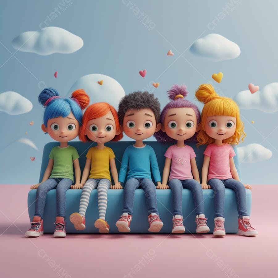 Amizade infantil sofá colorido desenho animado