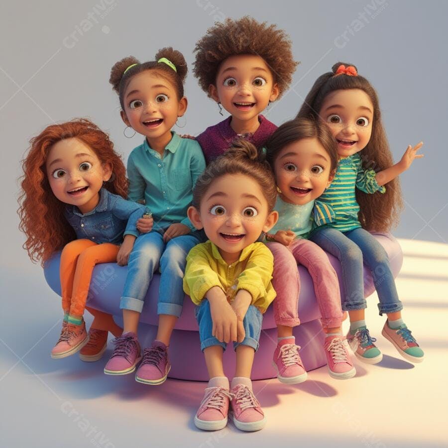 Crianças felizes juntas num puff lilás
