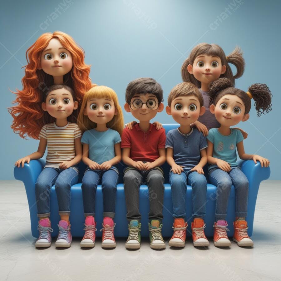 Crianças sorrindo em sofá azul