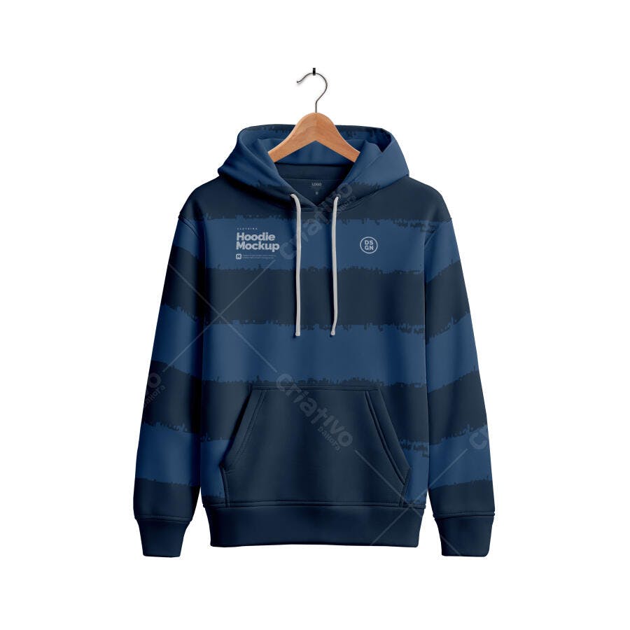 Mockup de Hoodie com Listras Azuis em Cabide de Madeira