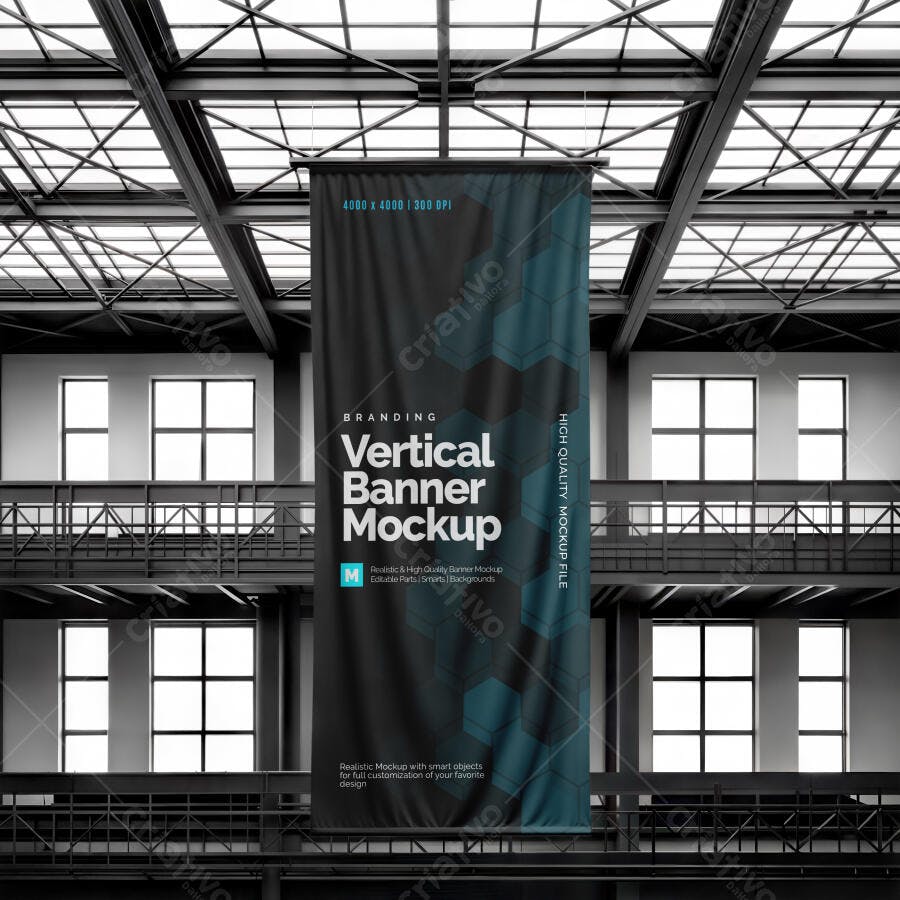 Mockup de Banner Vertical Realista em Ambiente Industrial