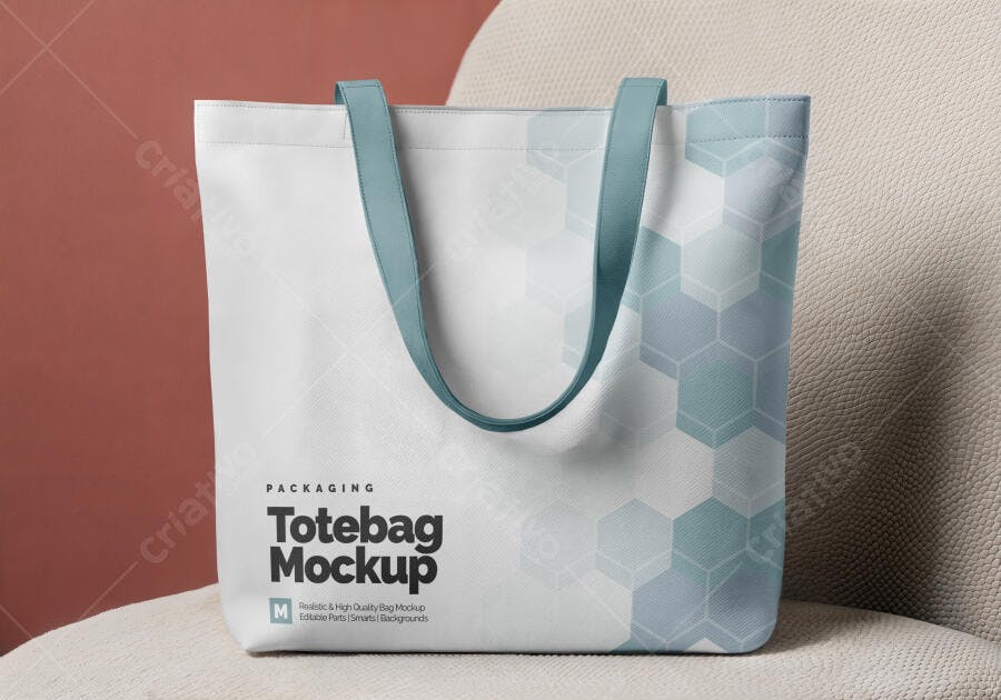 Mockup Tote Bag: Design Geométrico em Azul e Branco