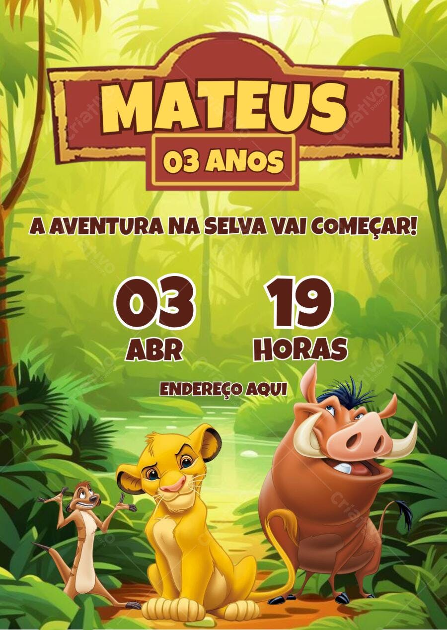 Convite Aniversário Infantil Rei Leão Selva Editável no Canva